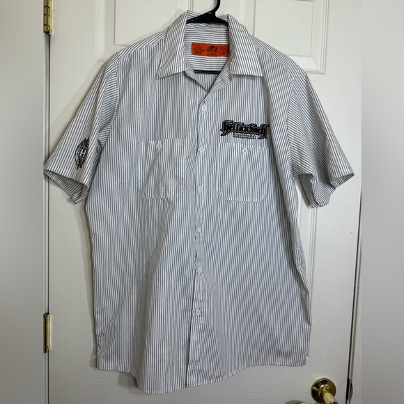 Red Kap Hellanbach Pinstripe Mechanic Shirt L Workwear Garage Button Up Tee - Picture 1 of 9